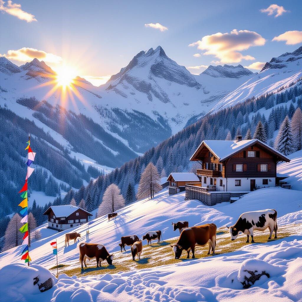 Golden Hour Swiss Chalet on Snowy Mountain Slope