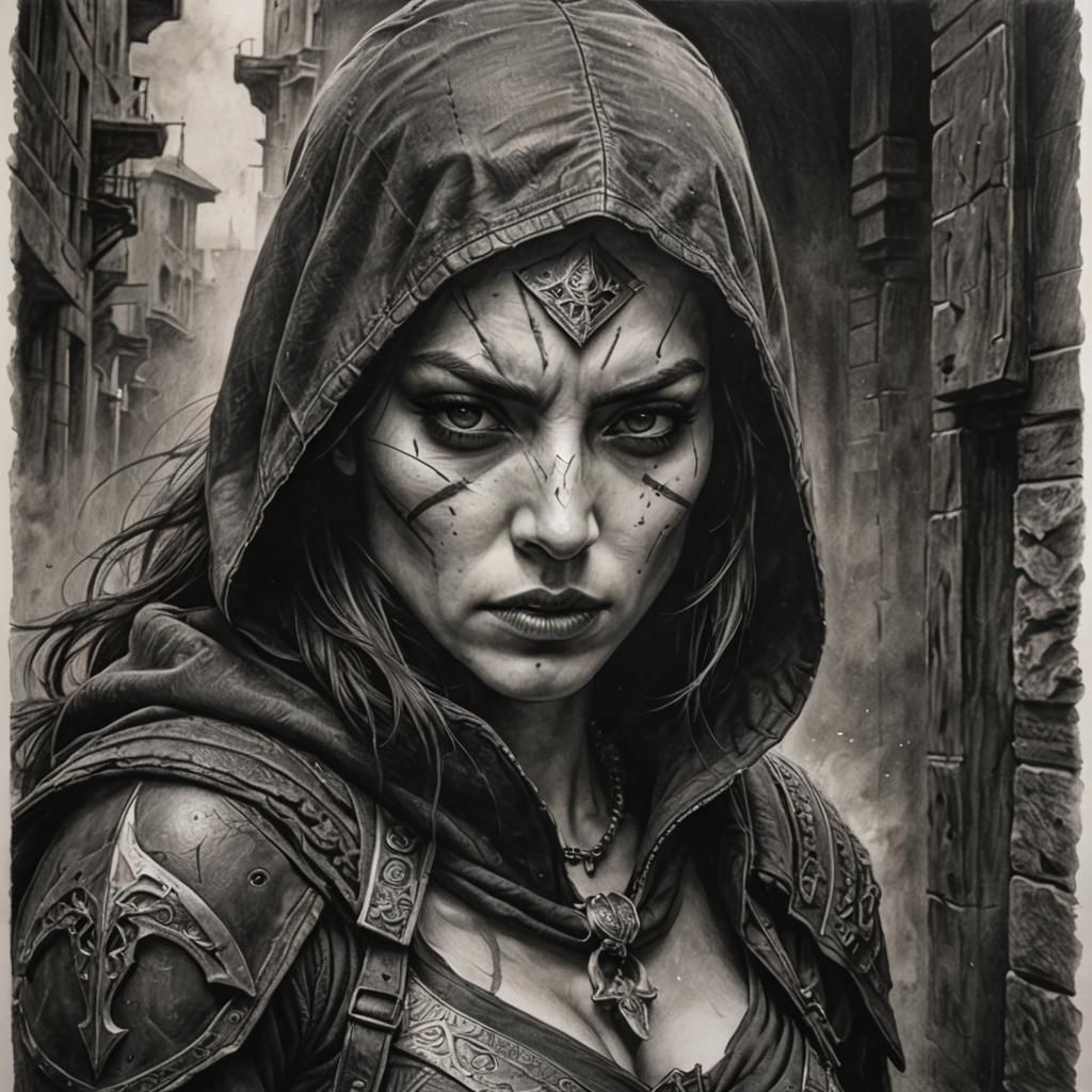 Hyperdetailed Charcoal Drawing of an Assassin Woman