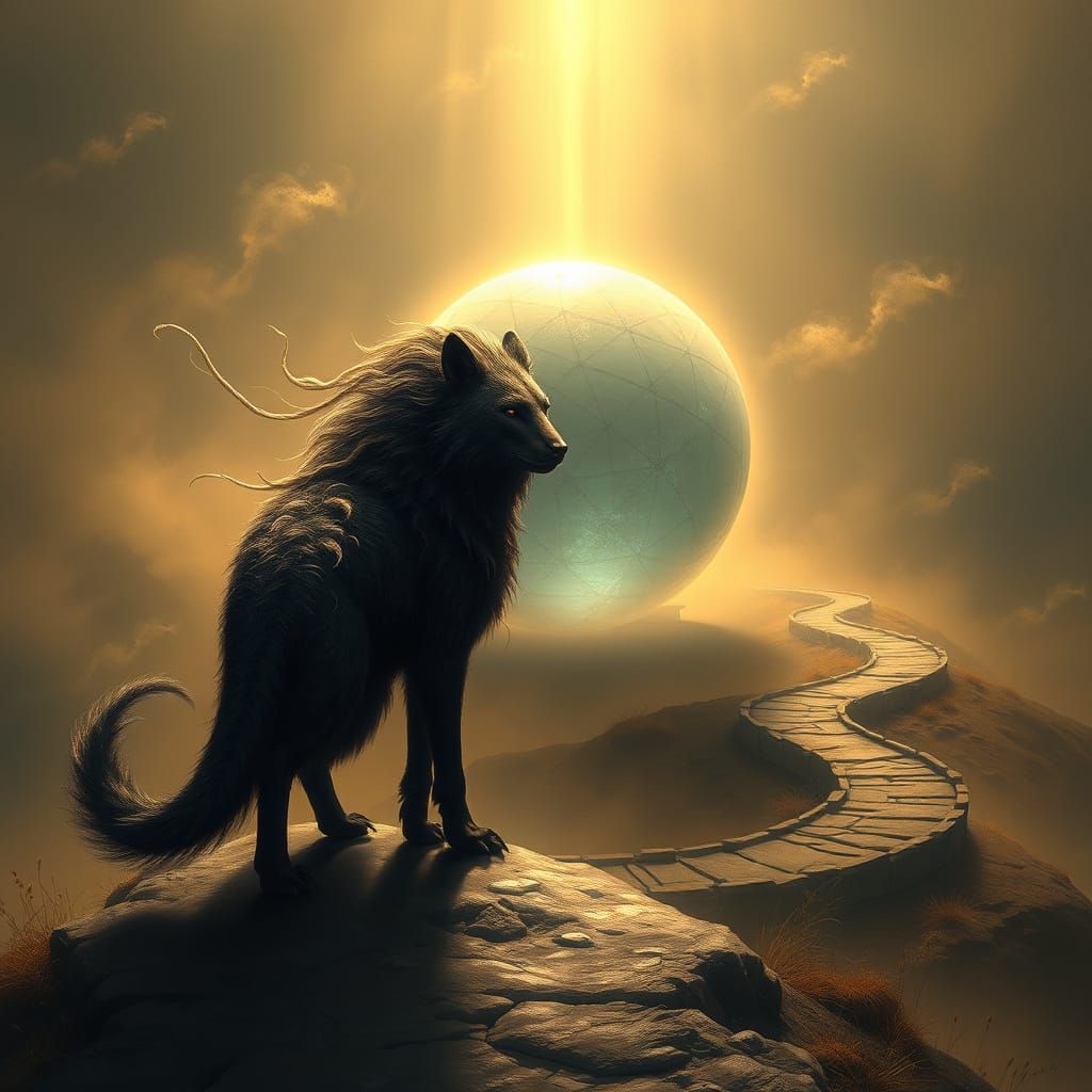 Mystical Creature Guards Shimmering Orb in Ethereal Landscap...