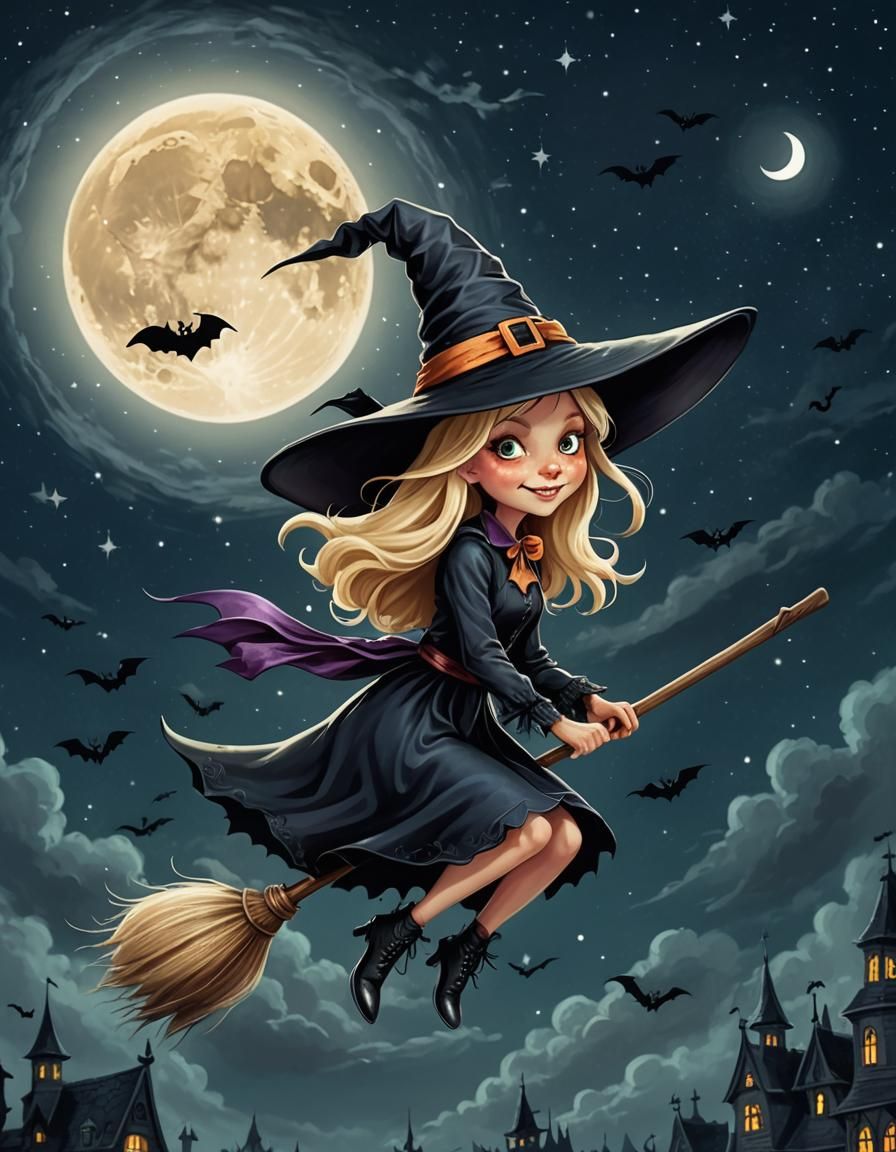 A whimsical Halloween-themed
Beautiful blonde witch on a broomstick, flying through the night sky. The witch has a croo...