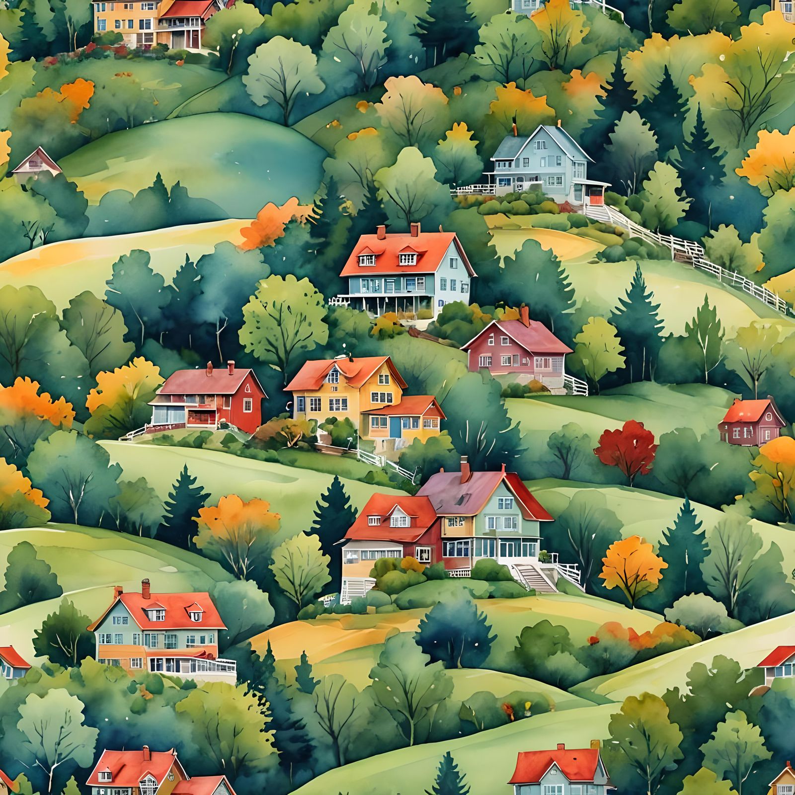 Colorful House on Hill in Watercolor Vector Style