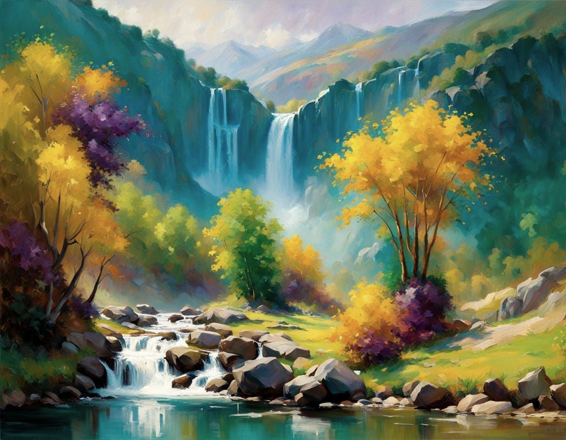 Mystical Waterfalls in Epic Oil Painting Style