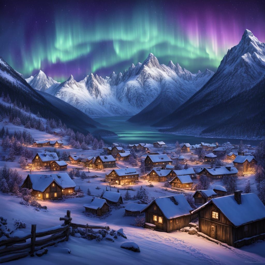Fantasy Mountain Village Under Vibrant Aurora