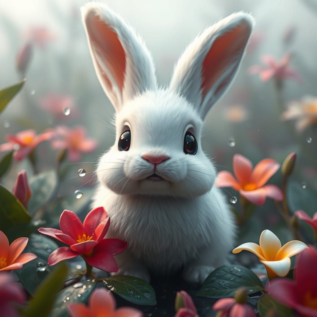 Serene White Bunny in Rainy Garden Wonderland