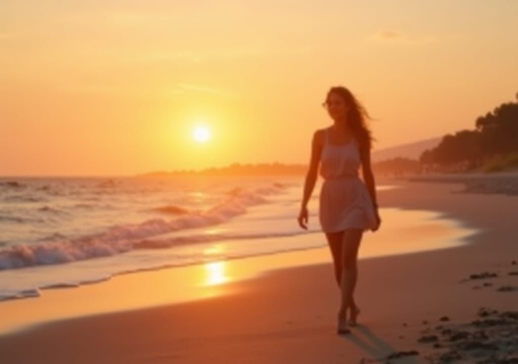 Woman Walking on Beach at Sunset
