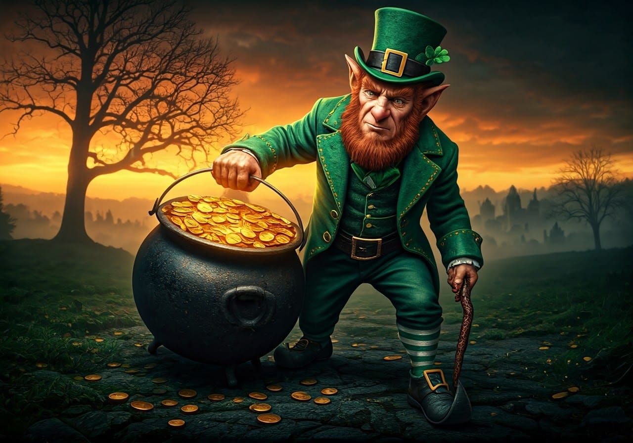 Fierce Leprechaun Guarding Gold, Mythic Art