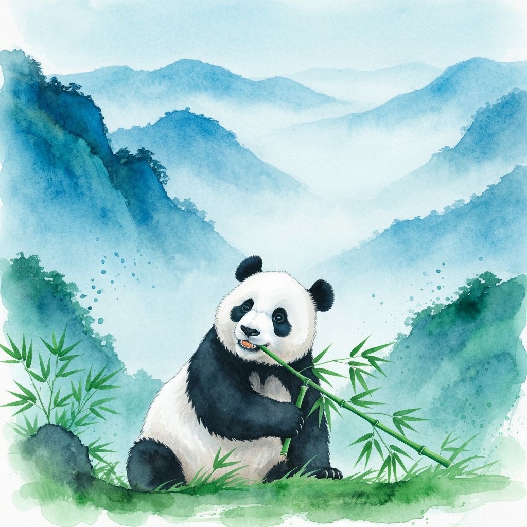 Panda in Misty Mountains, Watercolor Painting