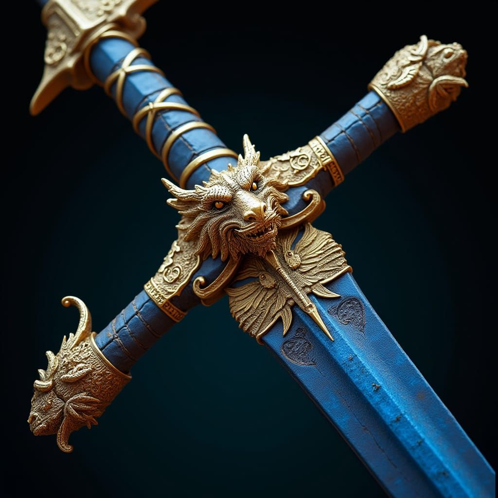 Golden Sword with Radiant Blue Blade and Dragon Head Decorat...