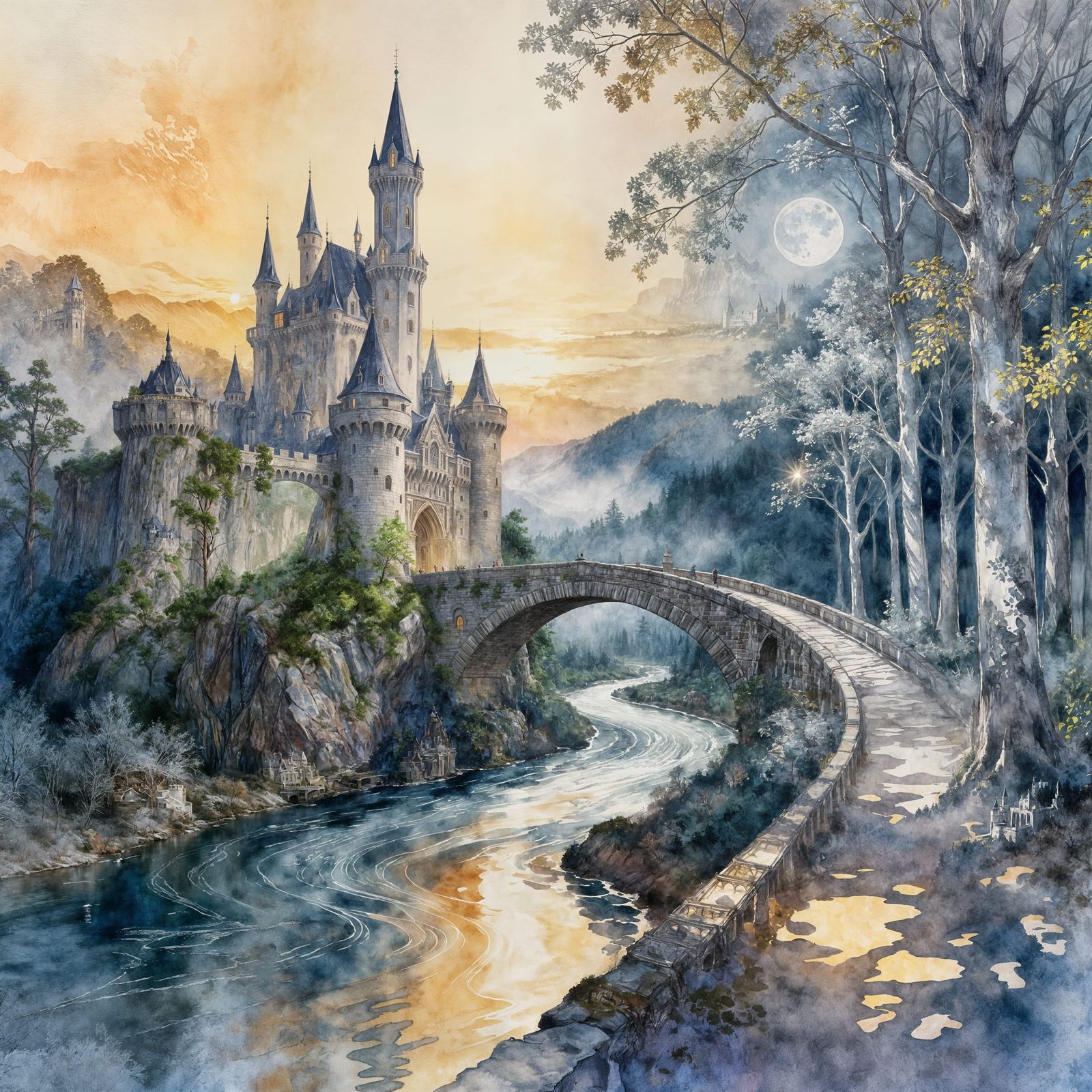 Fantasy Castle Sunrise Over River and Forest
