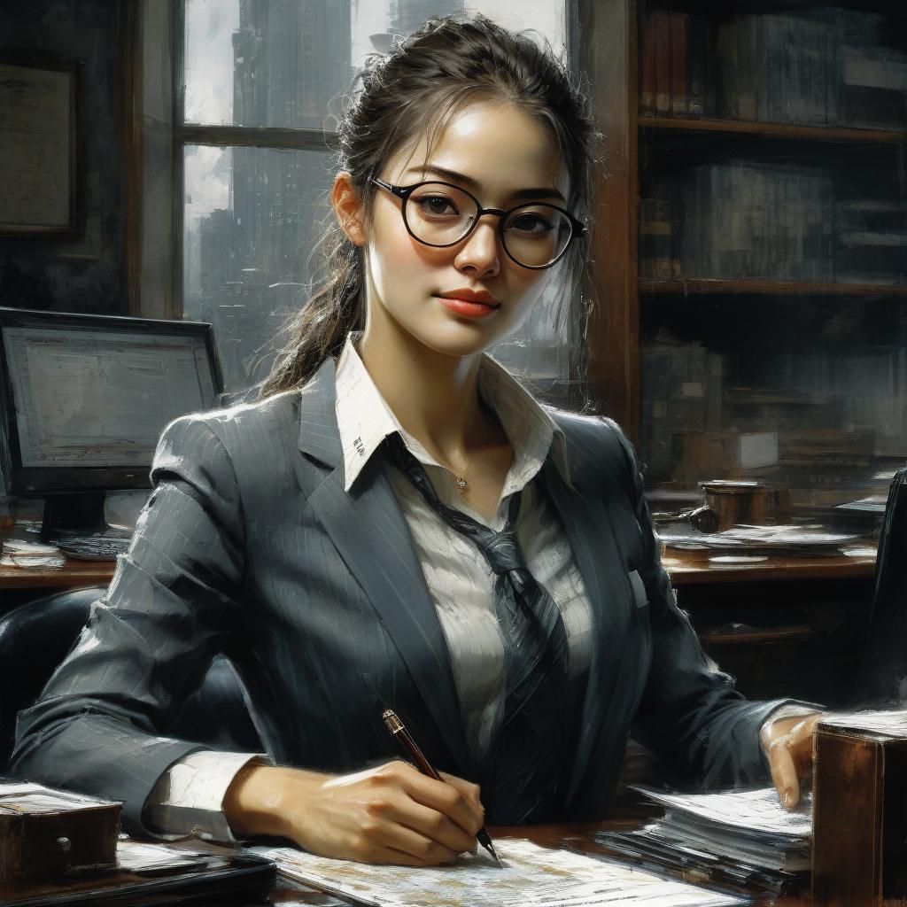 Beautiful Businesswoman in Lawyer's Office, Fine Art Illustr...