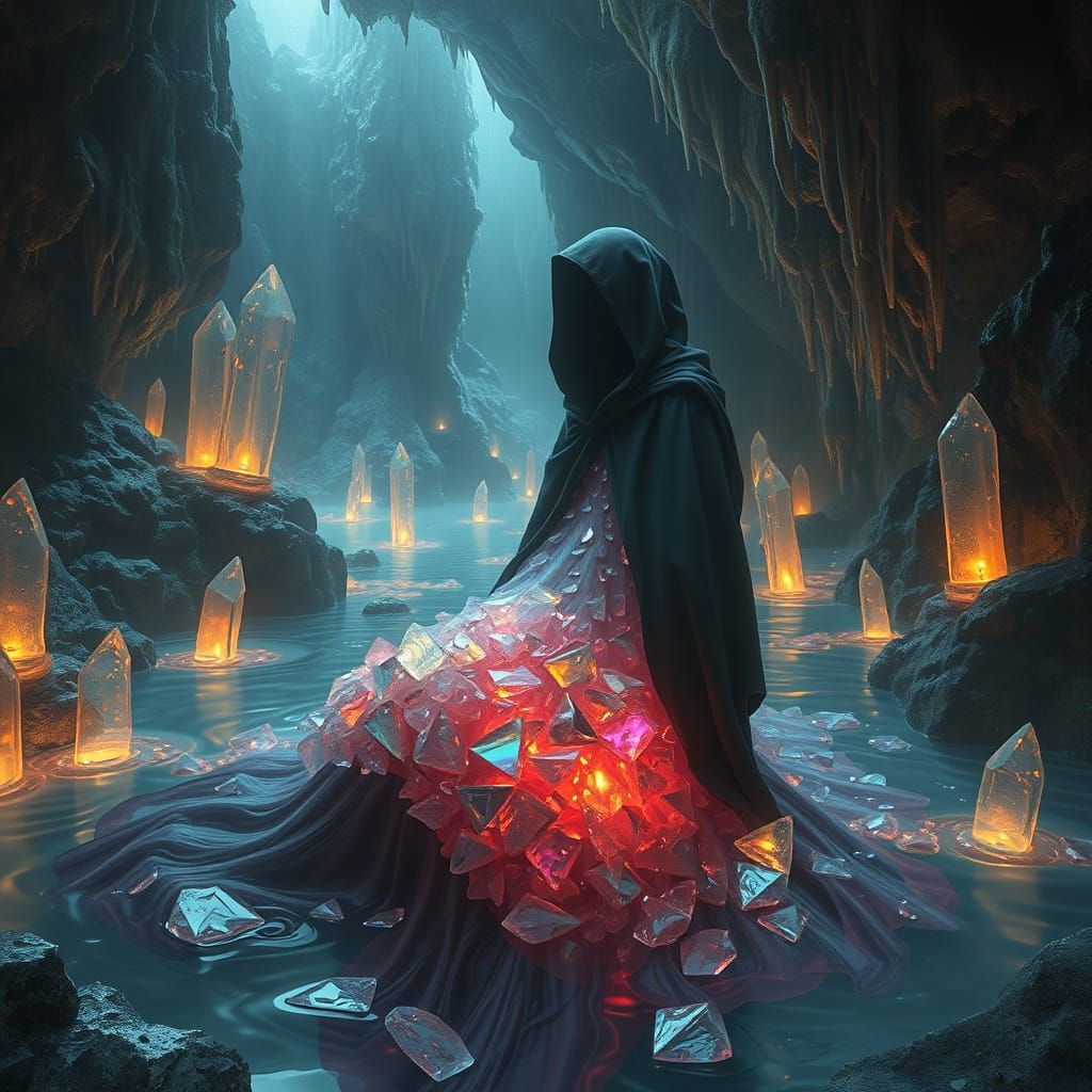 Surreal Figure in Liquid Glass Cavern