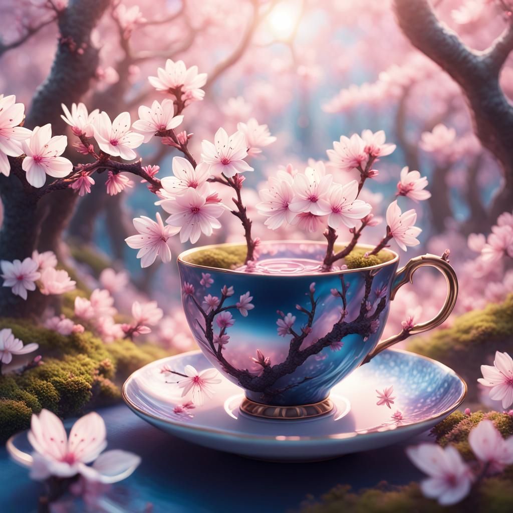 Sakura Forest Unfolding from Teacup: Fantasy Art