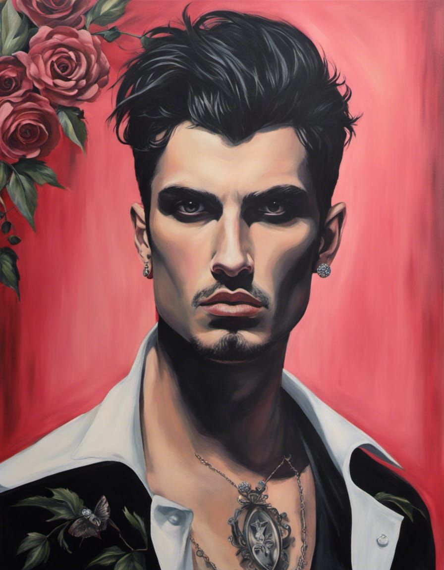 Gothic Prince with Flower Tattoos in Acrylic Style