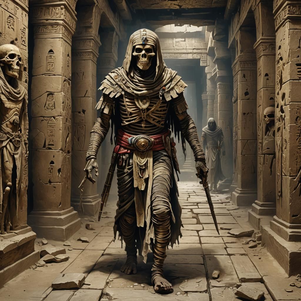 Egyptian Mummy in Crypt, Vintage Fantasy Oil Painting