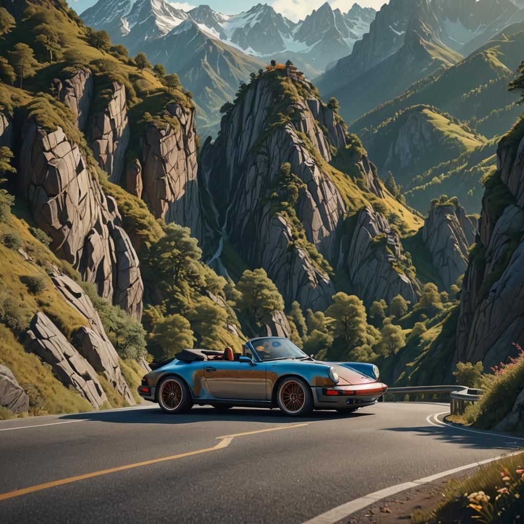 Porsche 911 Cabriolet in Mountain Landscape, Digital Matte P...
