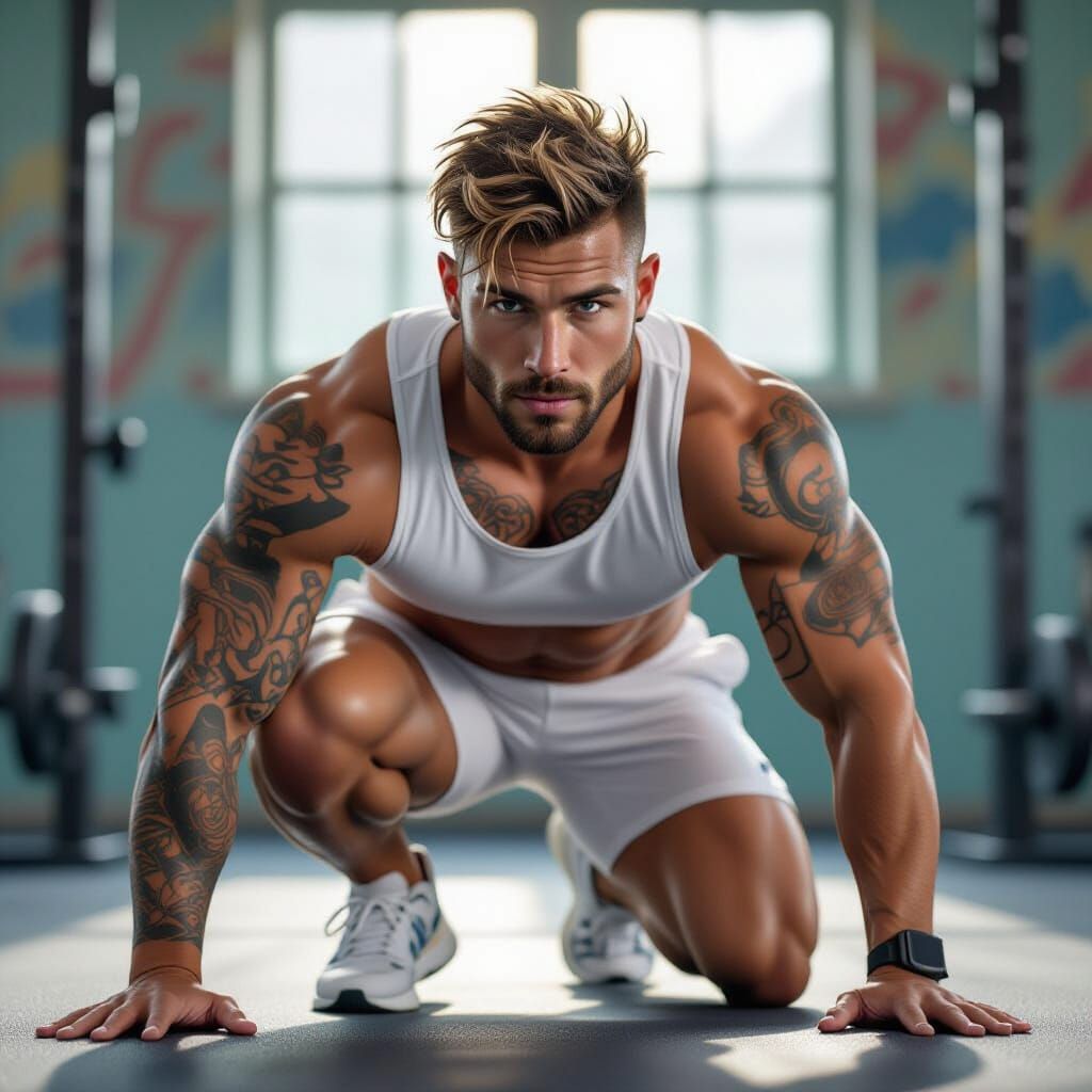 Athletic Man Doing Push-Ups in Gym, Hyperrealistic Splash Ar...
