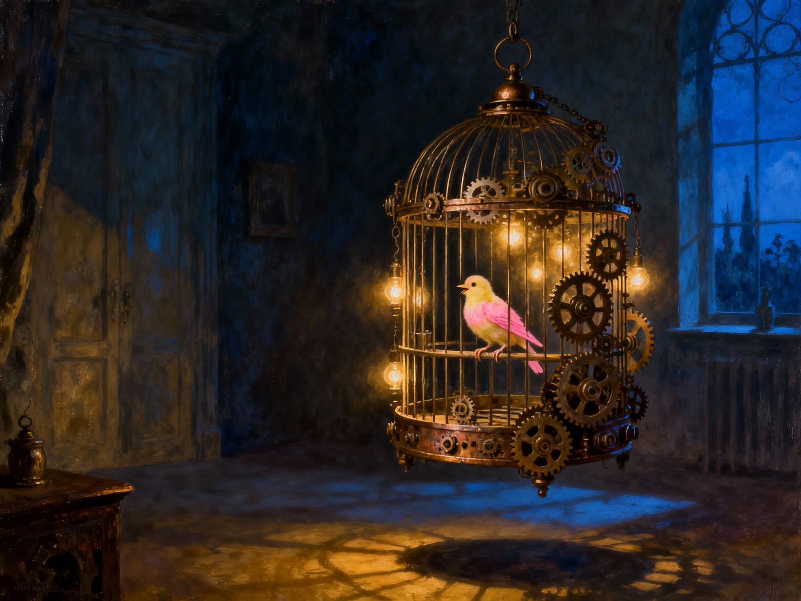 Steampunk Birdcage with Glowing Lights and Canary
