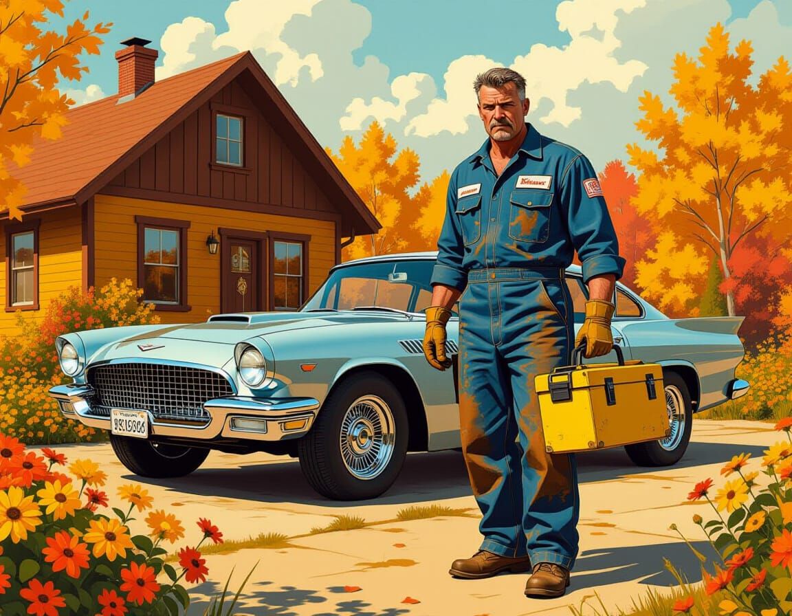 Mechanic in Autumnal Landscape, Concept Art Style
