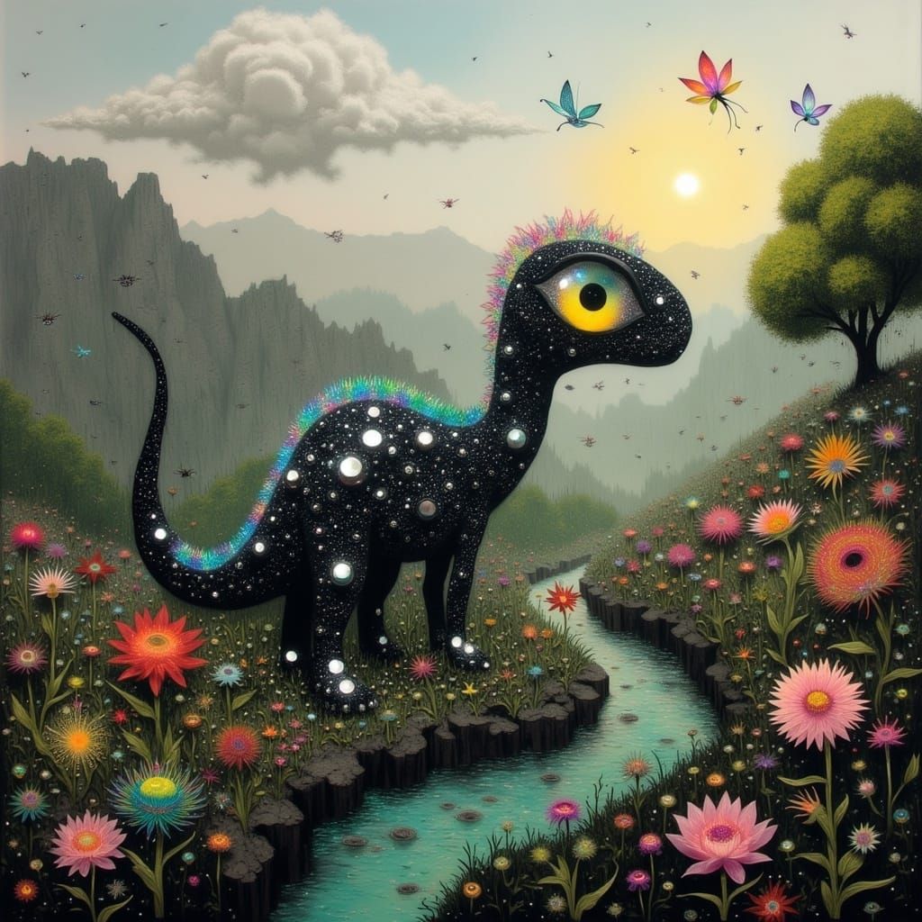 Surreal Gemstone Landscape with Majestic Dinosaur
