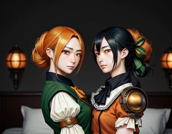 Twin Kemono Sisters Kissing in Manga Anime Style