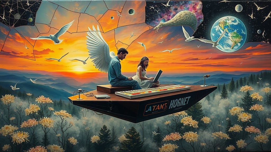 Surreal Dreamlike Collage with Glowing Mythical Creatures