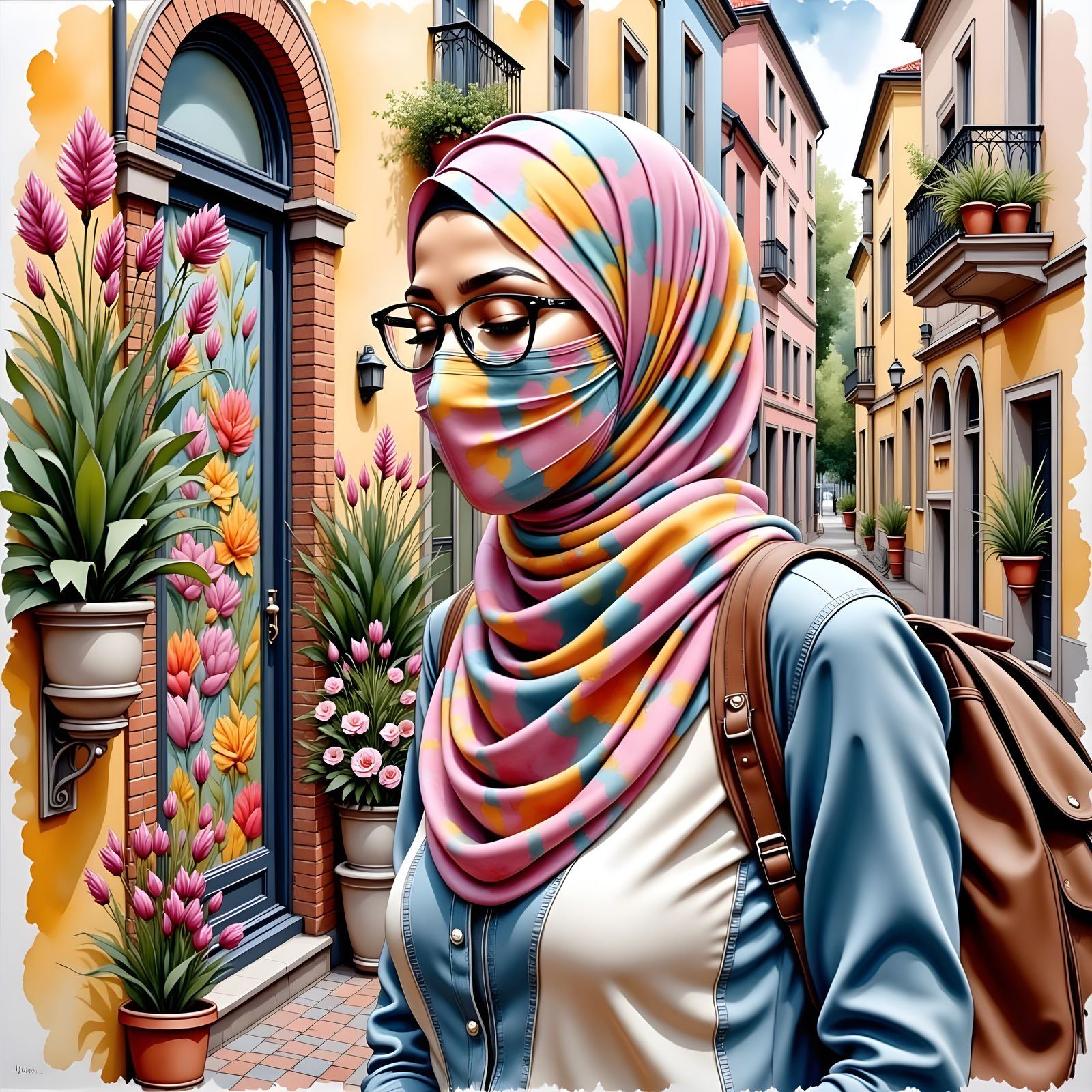 Surreal Portrait of a Hijab Student in a Whimsical City