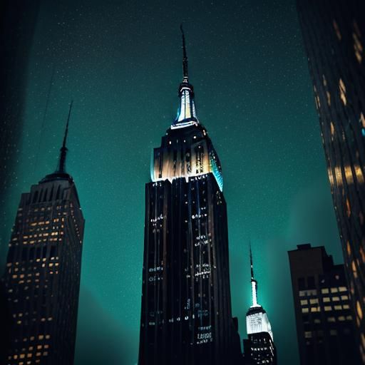 Empire state building, new-york city, winter, snow, night, Hyperrealistic, splash art, concept art, mid shot, intricatel...