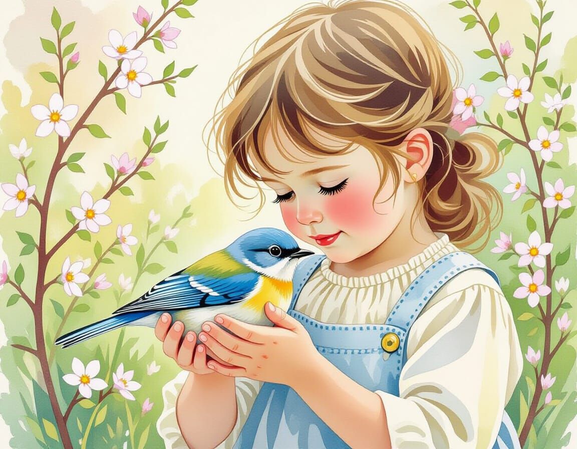 Child Cradles Injured Bird With Spring Blossoms
