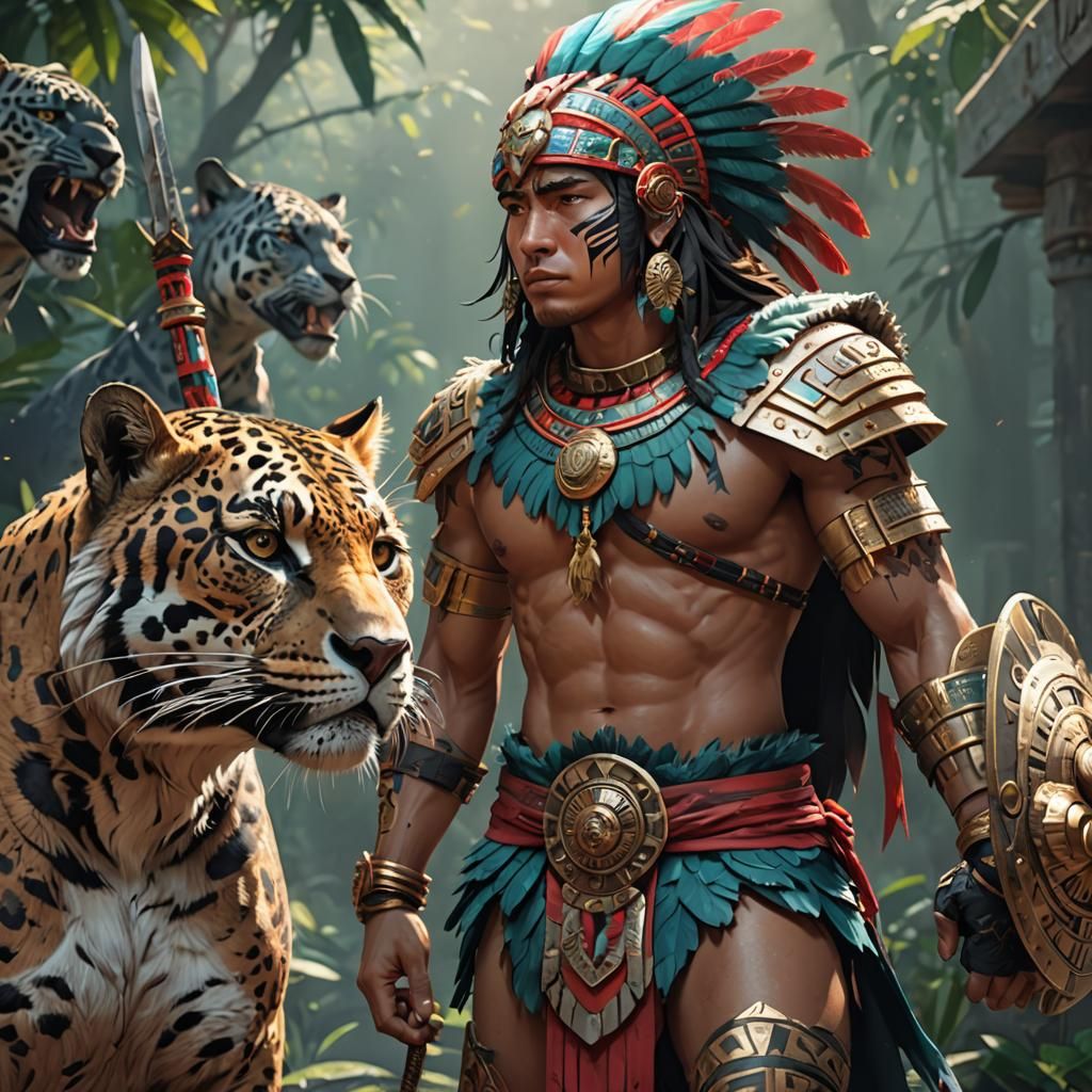 Aztec Warrior and Jaguar in 3D Anime Art