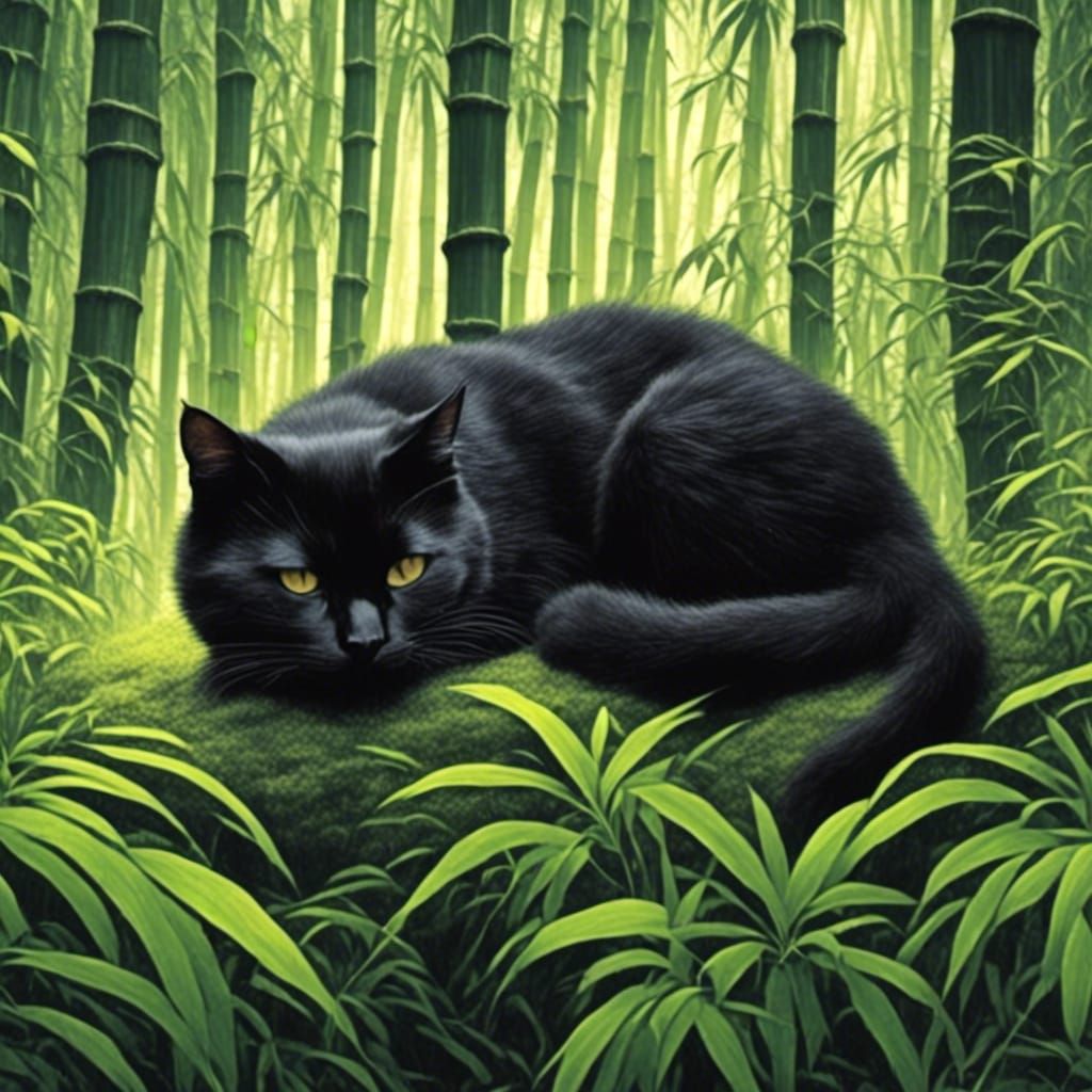 Black Cat Snoozing in Bamboo Forest