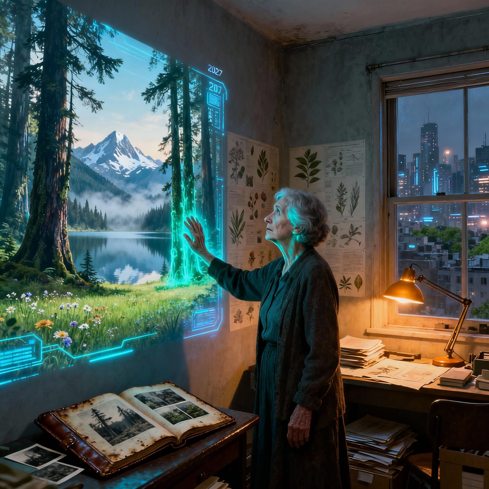 Elderly Woman Views Holographic Earth Wilderness