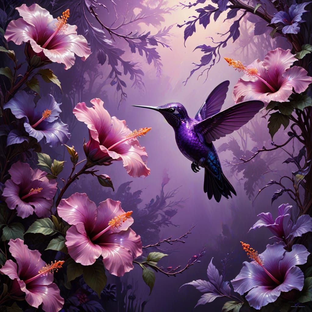 Hummingbird and Hibiscus: Vietnamese Lacquer Oil Painting