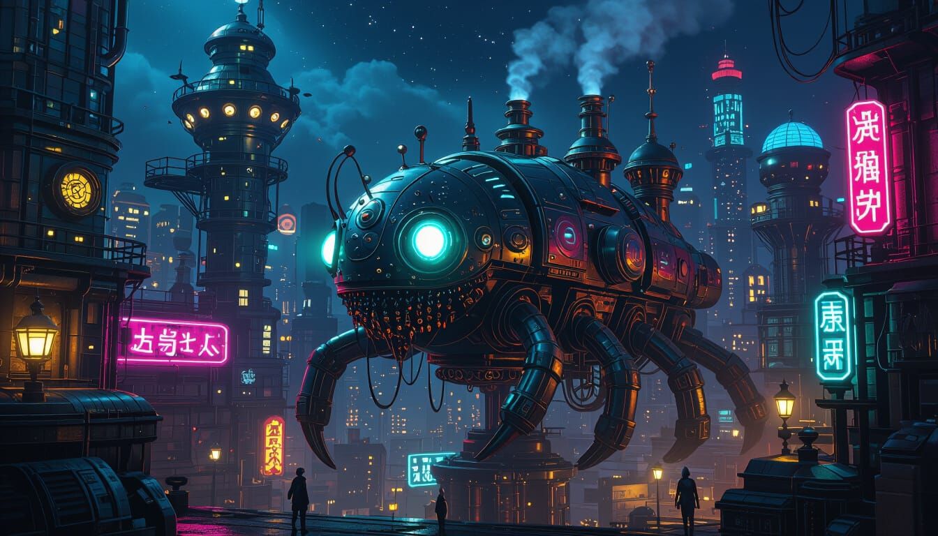 Bioluminescent Creature in Steampunk Cityscape