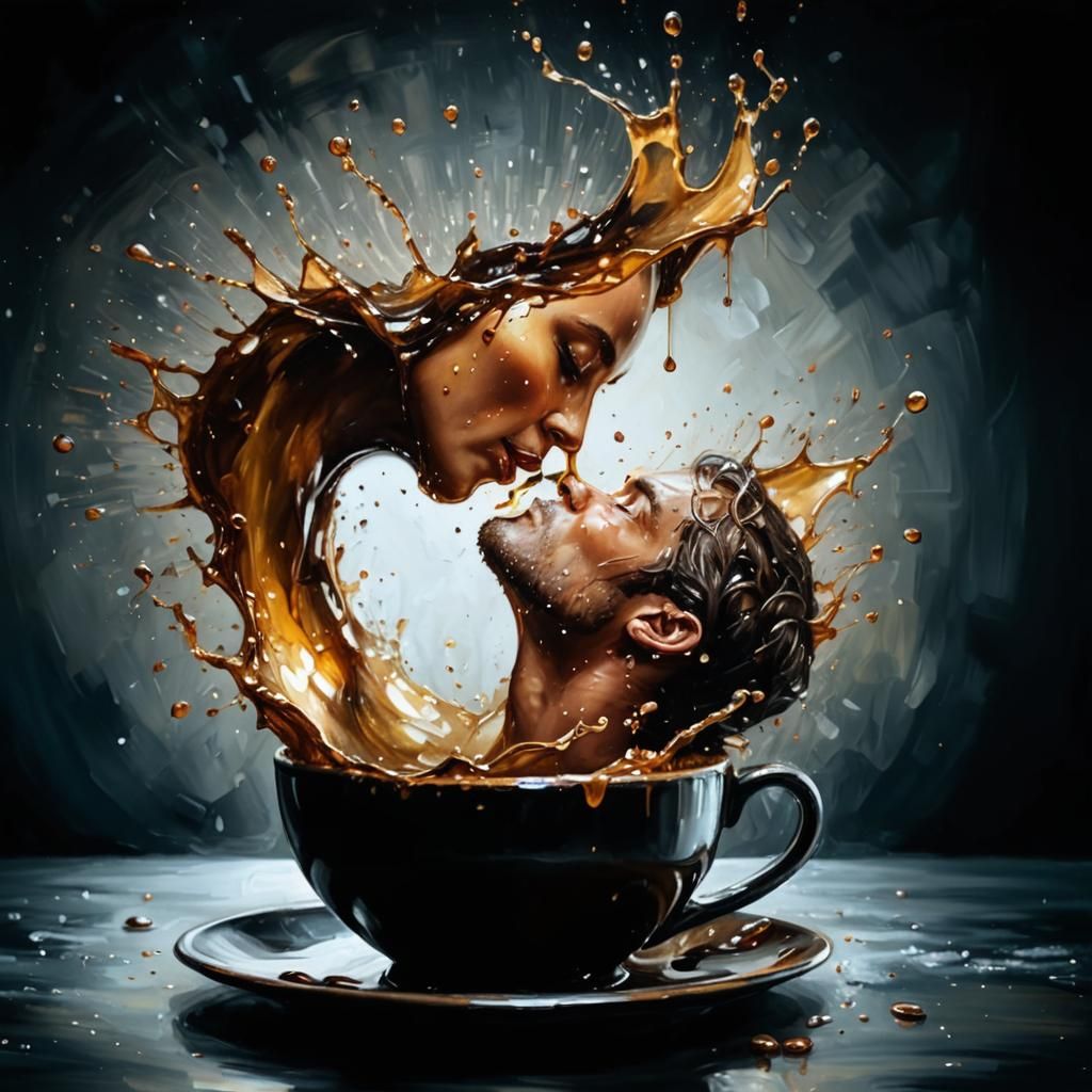 Romantic Kiss Captured in Oil with Coffee Droplets