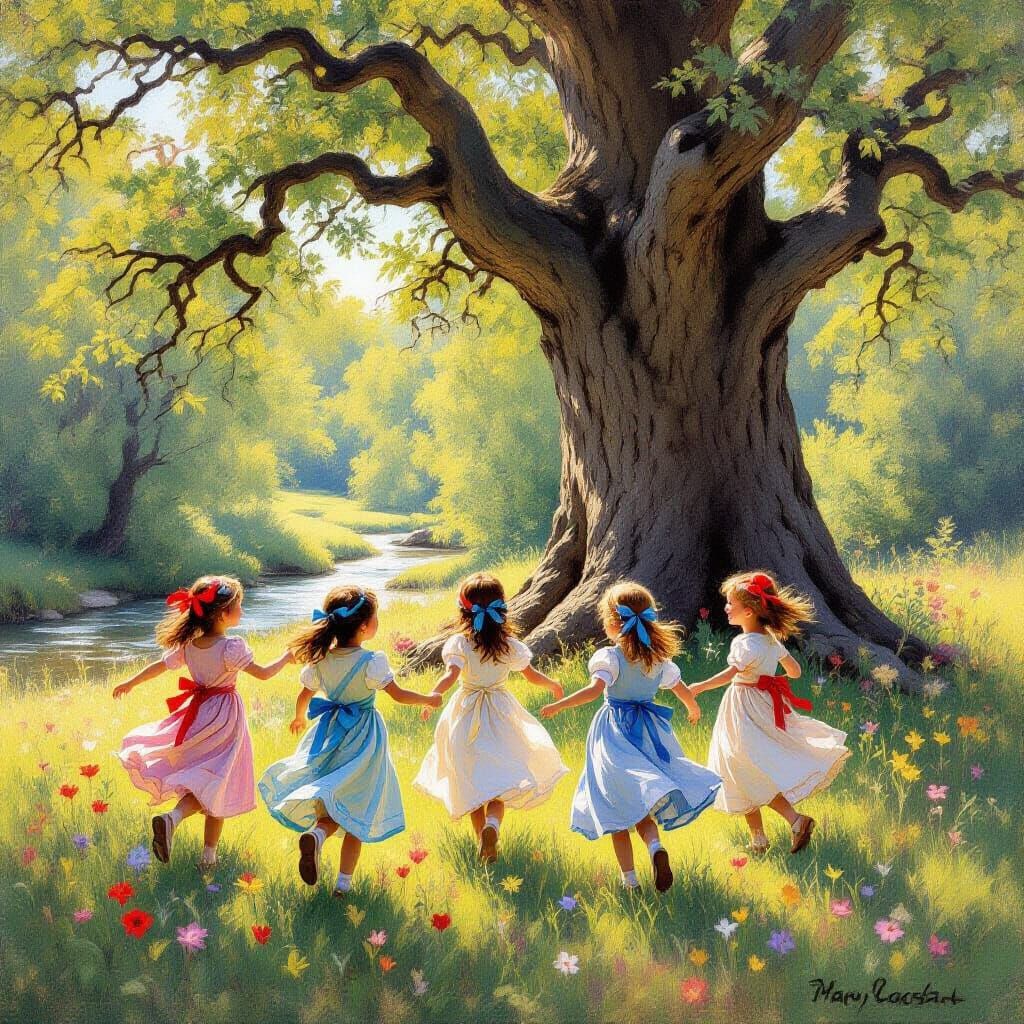 Girls Dancing Around Ancient Tree in Sunlit Forest Clearing