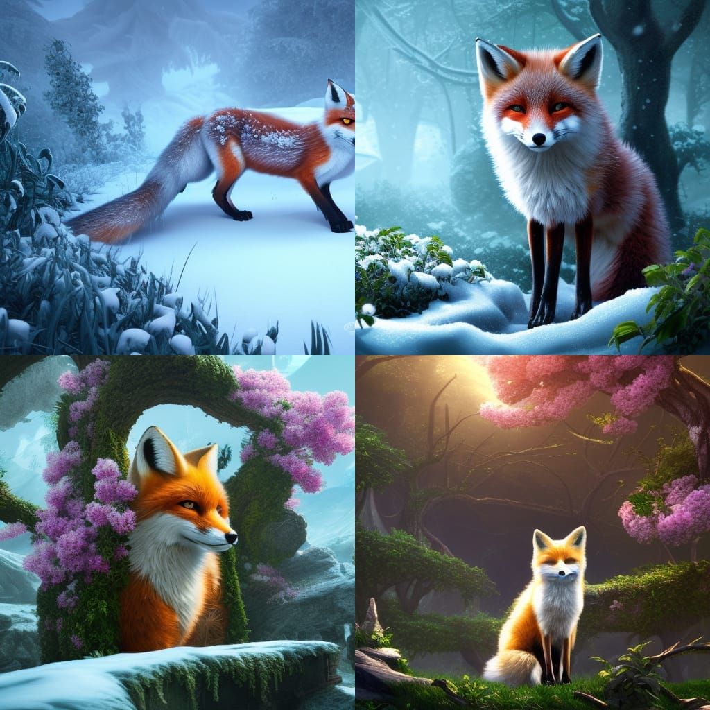 Snow Fox in Flower Bush: Fantasy Art