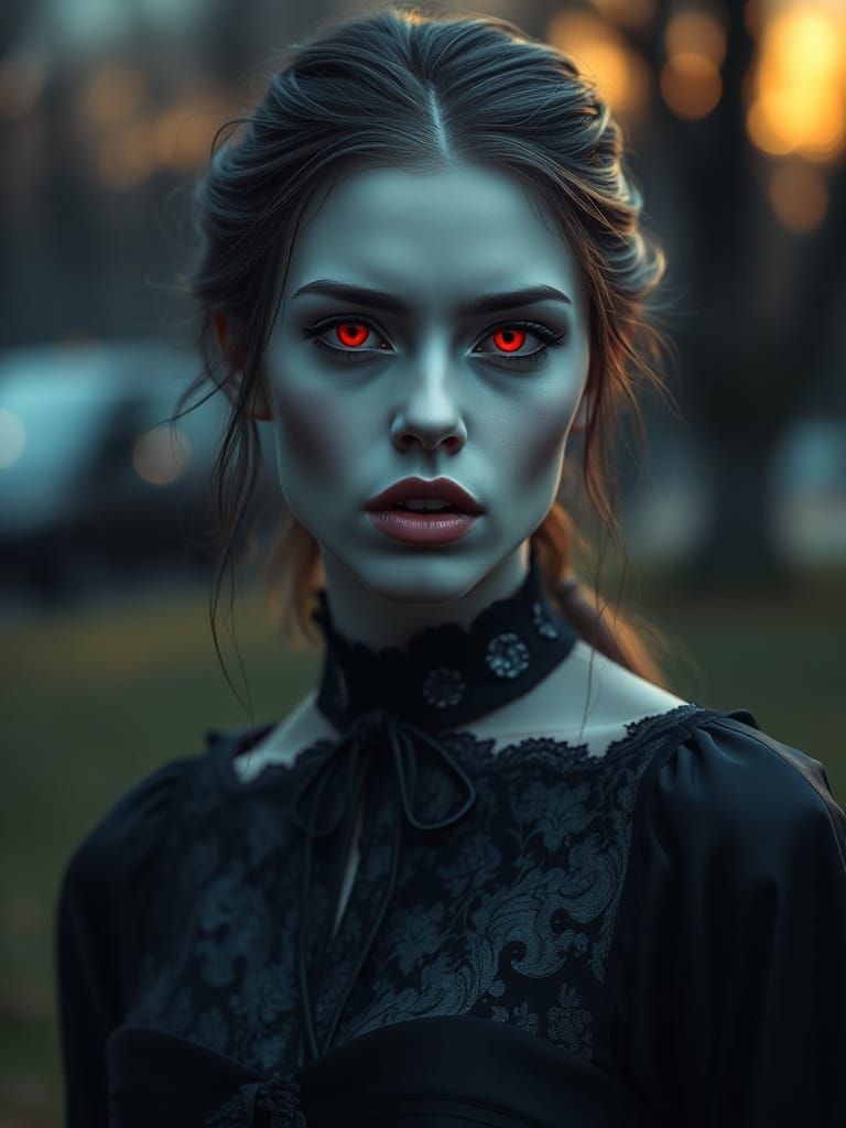 Hauntingly Beautiful Vampire in Twilight Park, Digital Paint...