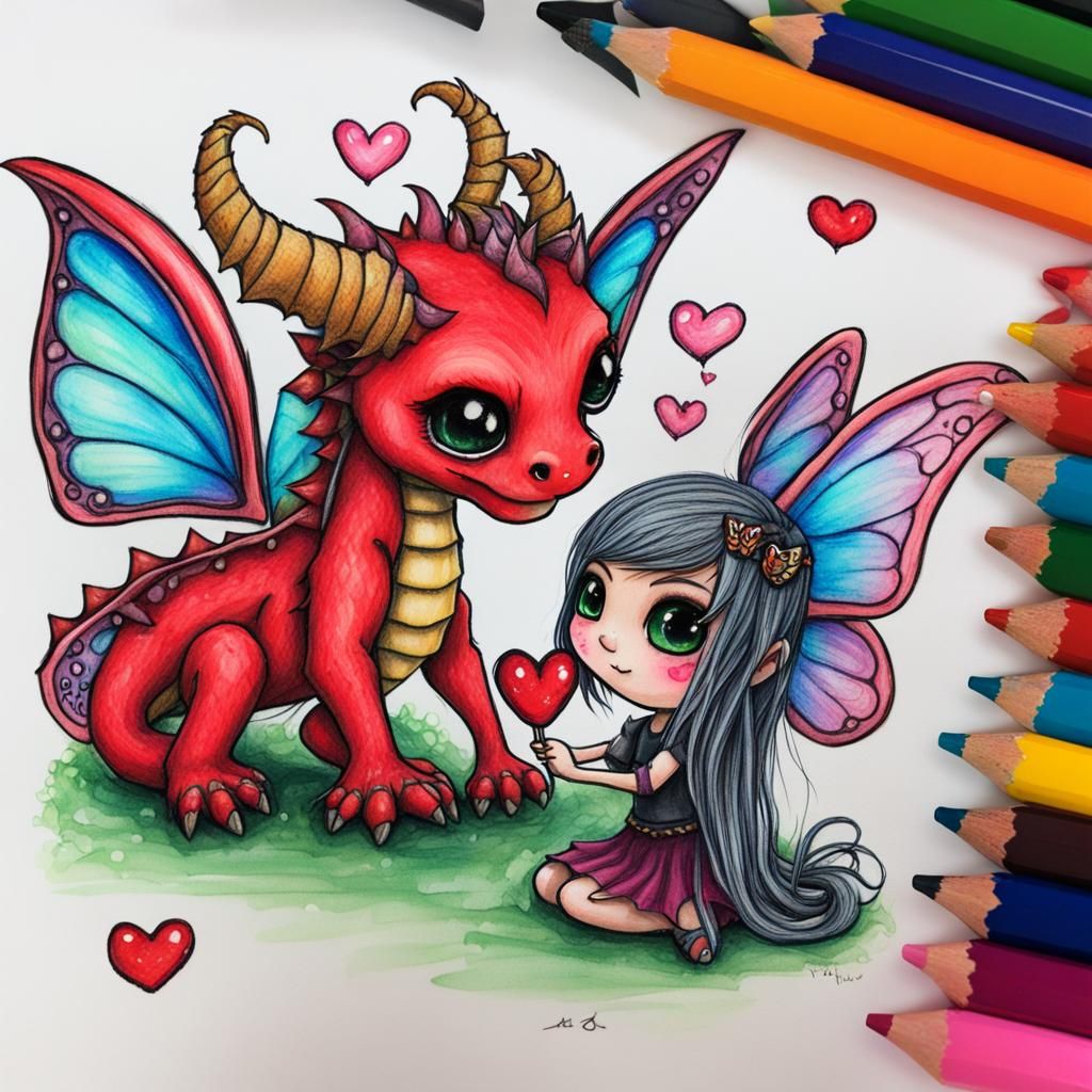 Chibi Dragon Offers Valentine in Crayon Drawing