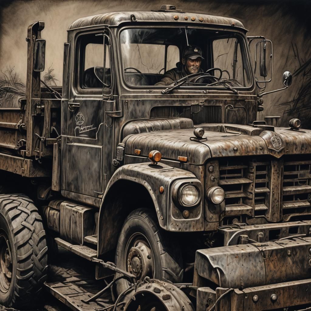 Earthmover in Armored Truck: Charcoal Drawing