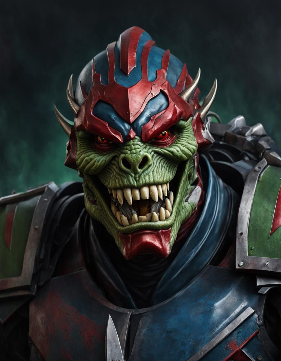 Menacing Cyborg with Crimson Armor and Steel Jaw