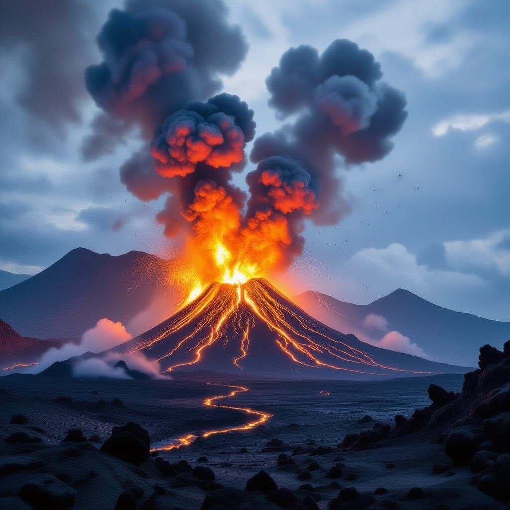 Dramatic Volcano Eruption with Lava Flow
