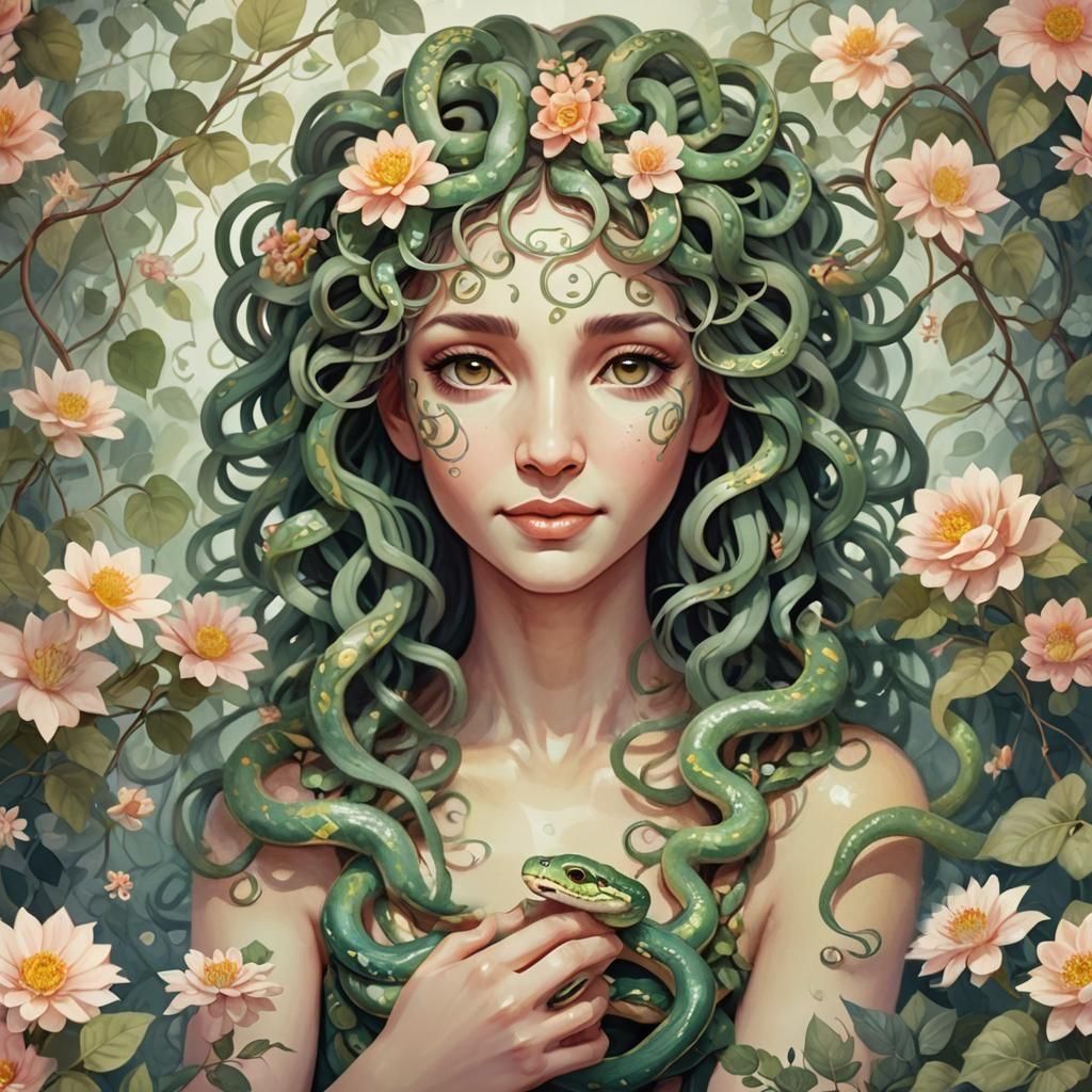 Cute Medusa Tenderly Cares for Her Snakes
