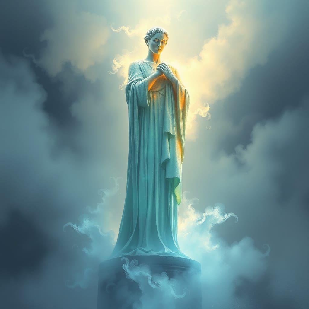Surreal, Ethereal Statue Emerges from Mist in Dreamlike Beau...