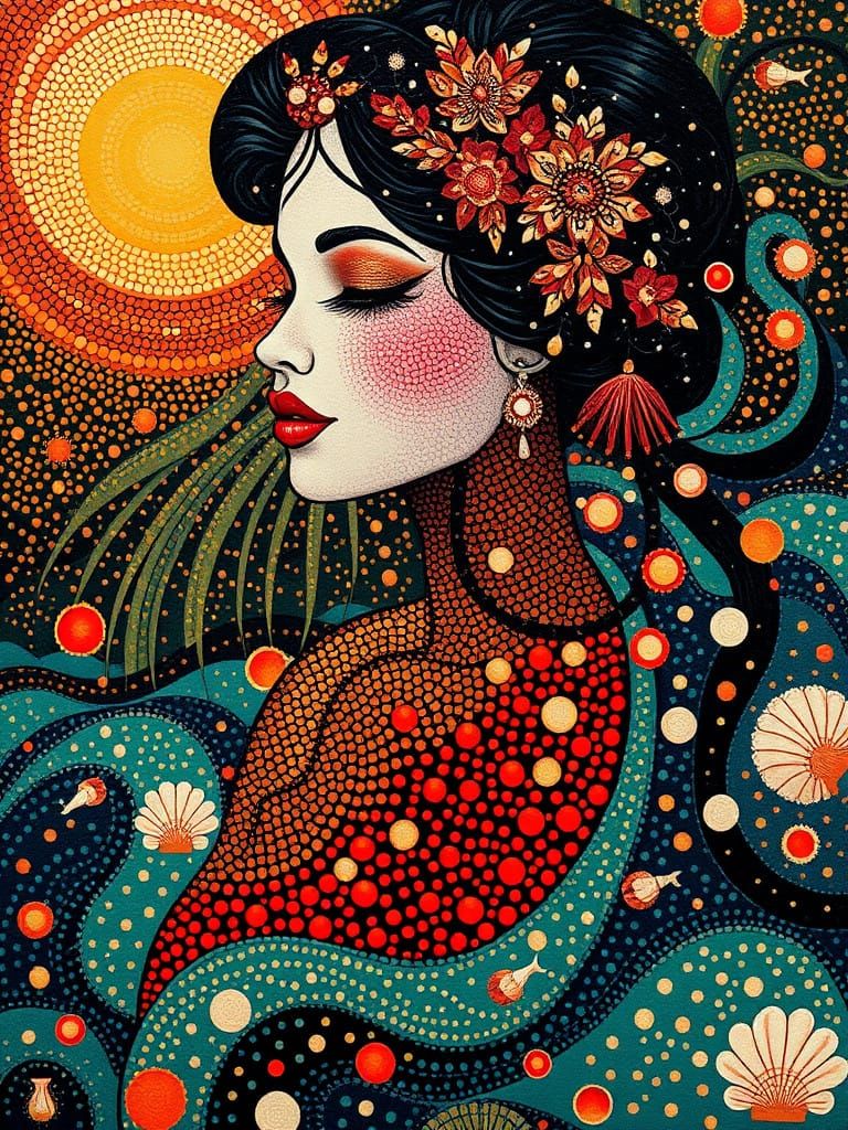 Exotic Sonia Delaunay-Inspired Woman Amidst Tropical Paradis...