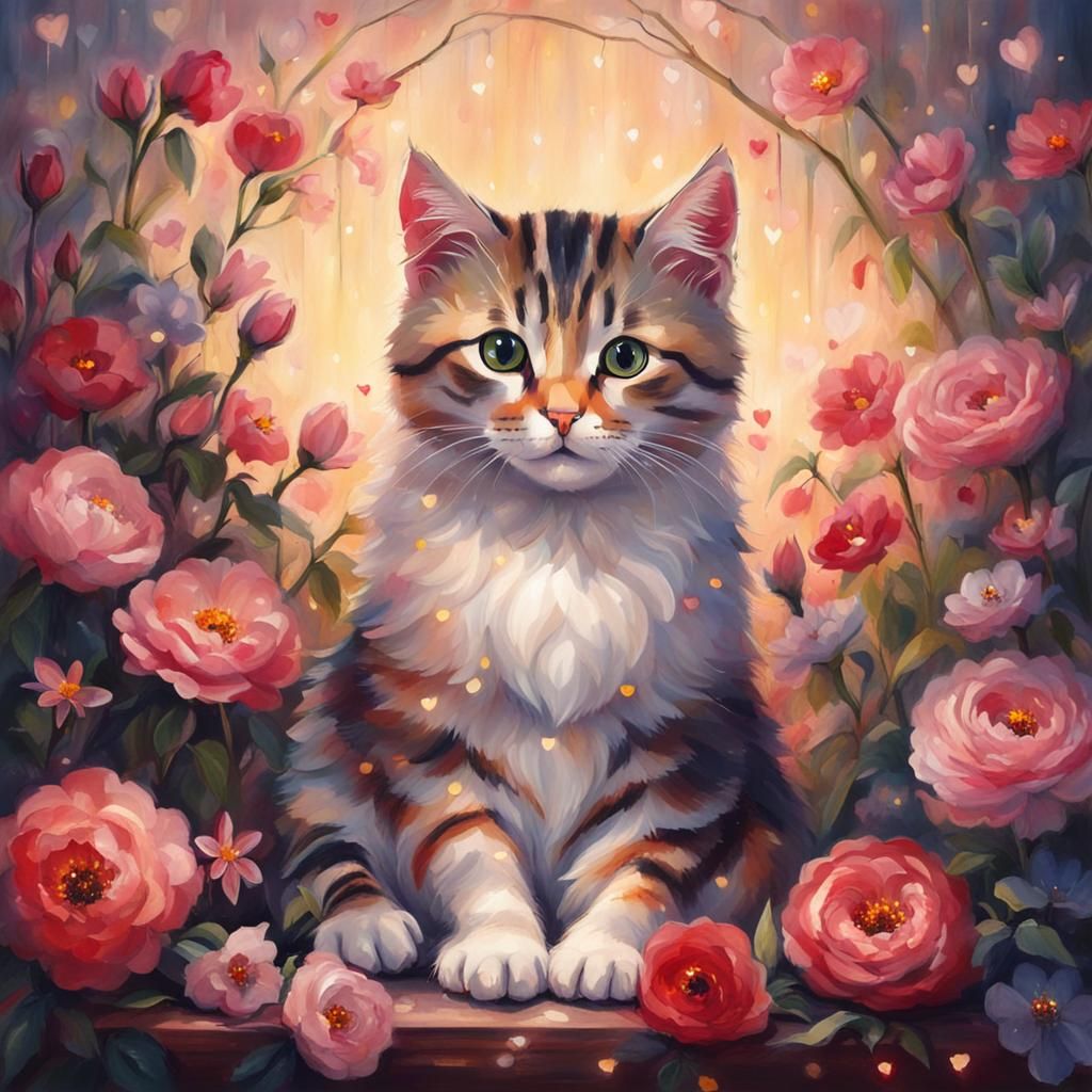 Cat on Pillow Surrounded by Flowers in Fantasy Art