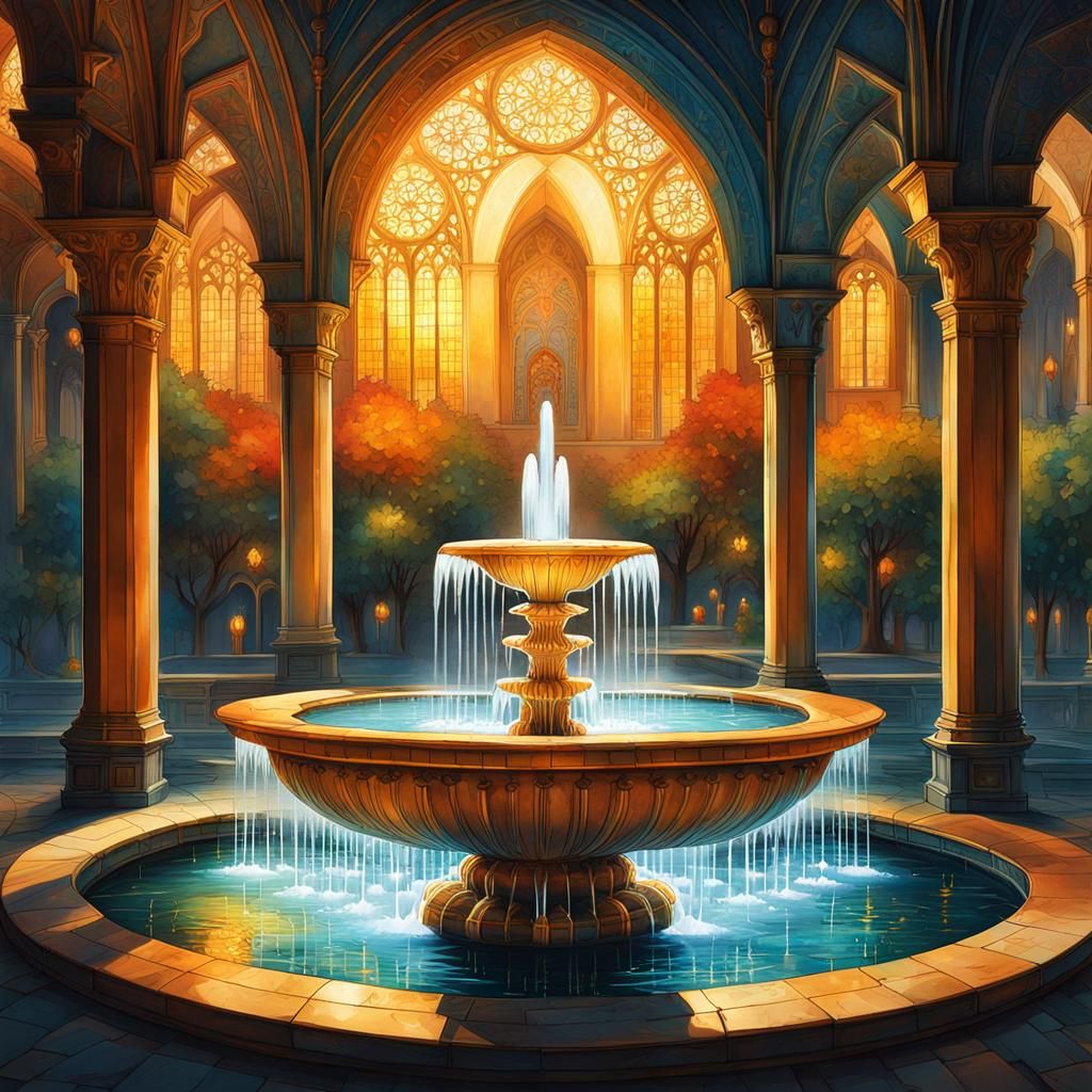 Glowing Fountain in Mystic Cloister: Watercolor Art