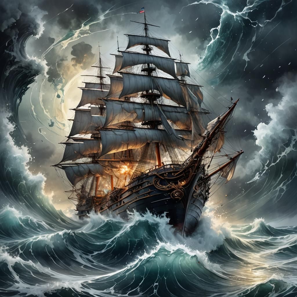 Frigate in Crystal Orb: Digital Watercolor Seascape