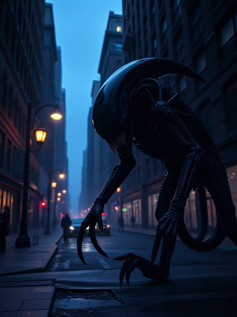 Eerie Xenomorph Lurking in New York City Shadows