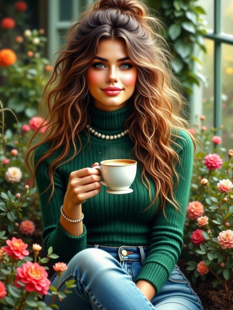 Curvy Woman in Lush Botanical Garden with Steaming Coffee