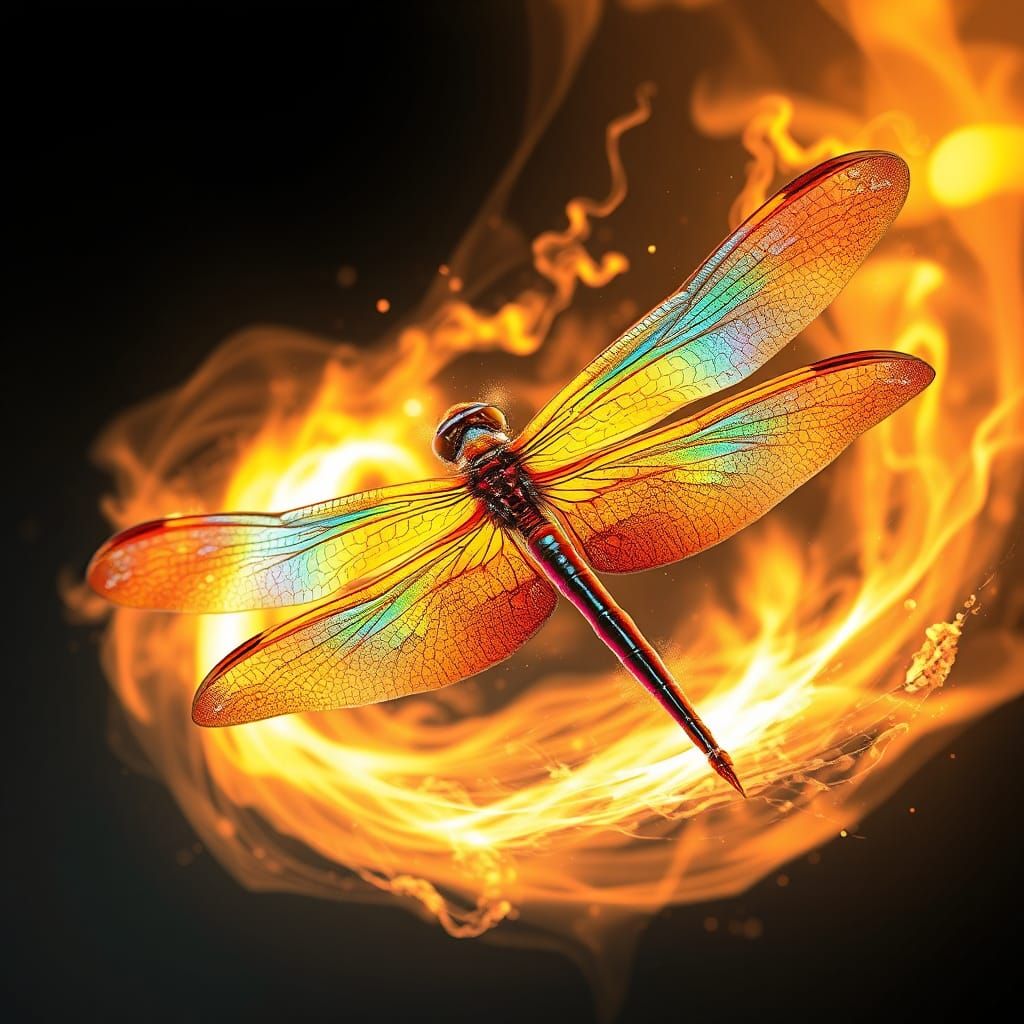 Flaming Dragonfly with Glowing Wings, 3D Render